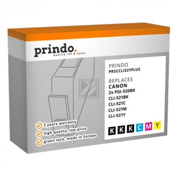 Prindo Tintenpatrone gelb, magenta, schwarz, 2 x schwarz, cyan (PRSCCLI521Plus) ersetzt PGI-520PGBK, CLI-521BK, CLI-521C, CLI-521M
