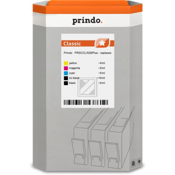Prindo Tintenpatrone (Classic) gelb, magenta, 2 x schwarz, schwarz, cyan (PRSCCLI526Plus) ersetzt PGI-525PGBK, CLI-526BK, CLI-526C, CLI-526M
